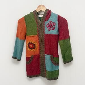 Mimi & Maggie Girls Mohair Sweater Cardigan Chunky Knit Hooded Patchwork 6X